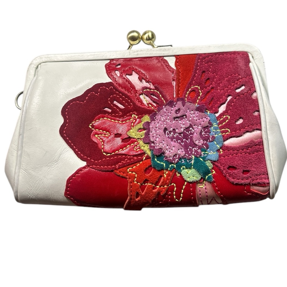 Vintage Floral Kisslock Clutch White Leather Embroidered Women's Bag